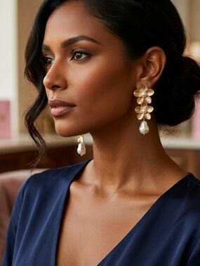 nOir Jewelry Gold Floral Pearl Drop Earrings